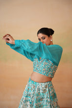 Load image into Gallery viewer, Sky blue embroidered blouse and tie and dye lehenga

