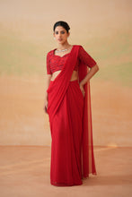 Load image into Gallery viewer, Red embroidered blouse and stitched saree set
