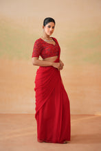 Load image into Gallery viewer, Red embroidered blouse and stitched saree set
