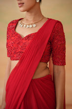 Load image into Gallery viewer, Red embroidered blouse and stitched saree set

