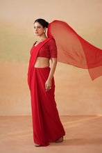 Load image into Gallery viewer, Red embroidered blouse and stitched saree set
