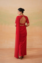 Load image into Gallery viewer, Red embroidered blouse and stitched saree set
