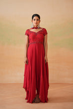 Load image into Gallery viewer, Red embroidered handkerchief anarkali, churidar and choker dupatta
