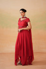 Load image into Gallery viewer, Red embroidered handkerchief anarkali, churidar and choker dupatta
