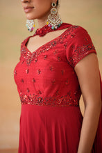 Load image into Gallery viewer, Red embroidered handkerchief anarkali, churidar and choker dupatta

