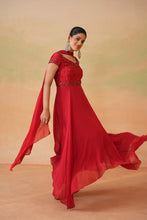 Load image into Gallery viewer, Red embroidered handkerchief anarkali, churidar and choker dupatta
