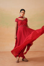 Load image into Gallery viewer, Red embroidered handkerchief anarkali, churidar and choker dupatta
