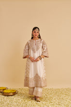 Load image into Gallery viewer, Aqsha  - Dabka Zardozi Embroidered Rich Banarasi Daisy Ivory Long Chauga &amp; Palazzo with Dupatta
