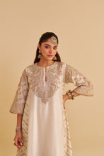 Load image into Gallery viewer, Aqsha  - Dabka Zardozi Embroidered Rich Banarasi Daisy Ivory Long Chauga &amp; Palazzo
