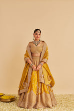 Load image into Gallery viewer, Aashina  - Dabka Zardozi Embroidered Pure Tissue Mustard Lehenga Set
