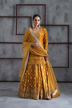Load image into Gallery viewer, Mustard embroidered kurti, brocade lehenga and dupatta
