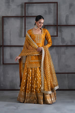 Load image into Gallery viewer, Mustard embroidered kurti, brocade lehenga and dupatta
