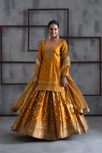 Load image into Gallery viewer, Mustard embroidered kurti, brocade lehenga and dupatta
