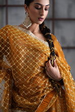 Load image into Gallery viewer, Mustard embroidered kurti, brocade lehenga and dupatta
