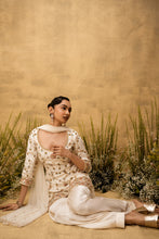 Load image into Gallery viewer, Ivory hand embroidered modal satin suit set with net dupatta
