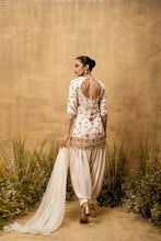 Load image into Gallery viewer, Ivory hand embroidered modal satin suit set with net dupatta
