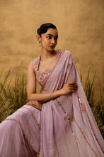 Load image into Gallery viewer, Lilac georgette Pre-stitched hand embroidered Georgette saree set
