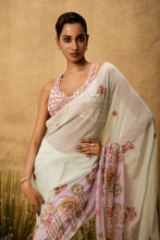 Load image into Gallery viewer, Pastel mint green lilac ombré Pre-stitched hand embroidered organza saree set
