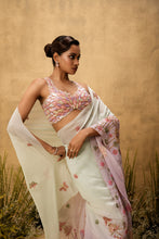 Load image into Gallery viewer, Pastel mint green lilac ombré Pre-stitched hand embroidered organza saree set
