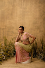 Load image into Gallery viewer, Pastel green &amp; pink ombre Pre-stitched hand embroidered georgette saree set
