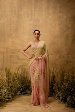 Load image into Gallery viewer, Pastel green &amp; pink ombre Pre-stitched hand embroidered georgette saree set
