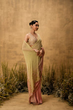 Load image into Gallery viewer, Pastel green &amp; pink ombre Pre-stitched hand embroidered georgette saree set
