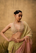 Load image into Gallery viewer, Pastel green &amp; pink ombre Pre-stitched hand embroidered georgette saree set
