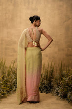 Load image into Gallery viewer, Pastel green &amp; pink ombre Pre-stitched hand embroidered georgette saree set
