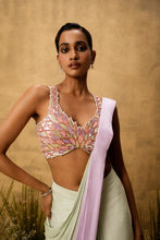 Load image into Gallery viewer, Mint green &amp; lilac ombre pre-draped modal satin saree with embroidered blouse
