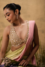 Load image into Gallery viewer, Pastel green &amp; pink ombre pre-draped modal satin saree with embroidered blouse
