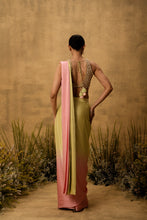 Load image into Gallery viewer, Pastel green &amp; pink ombre pre-draped modal satin saree with embroidered blouse
