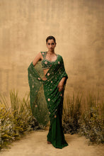 Load image into Gallery viewer, Emerald green Pre-stitched hand embroidered georgette saree set
