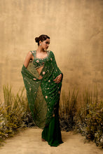 Load image into Gallery viewer, Emerald green Pre-stitched hand embroidered georgette saree set
