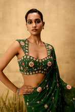 Load image into Gallery viewer, Emerald green Pre-stitched hand embroidered georgette saree set
