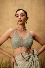 Load image into Gallery viewer, Mint green Pre-stitched hand embroidered georgette saree set
