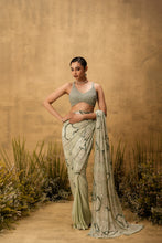 Load image into Gallery viewer, Mint green Pre-stitched hand embroidered georgette saree set
