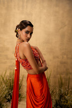 Load image into Gallery viewer, Bright Orange pre-draped modal satin saree with embroidered blouse
