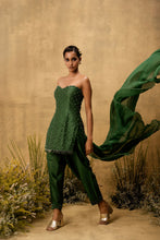 Load image into Gallery viewer, Emerald green hand embroidered chanderi silk suit set with organza dupatta
