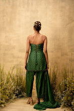 Load image into Gallery viewer, Emerald green hand embroidered chanderi silk suit set with organza dupatta
