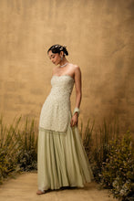 Load image into Gallery viewer, Mint green hand embroidered georgette sharara set
