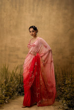 Load image into Gallery viewer, Pink ombre Pre-stitched hand embroidered organza saree set
