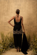 Load image into Gallery viewer, Black hand embroidered chanderi silk suit set with organza dupatta
