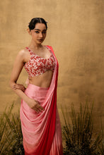 Load image into Gallery viewer, Pastel pink ombre pre-draped modal satin saree with embroidered blouse
