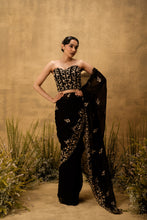 Load image into Gallery viewer, Black Pre-stitched hand embroidered organza saree set

