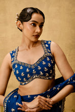 Load image into Gallery viewer, Sapphire blue Pre-stitched hand embroidered georgette saree set
