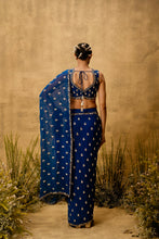 Load image into Gallery viewer, Sapphire blue Pre-stitched hand embroidered georgette saree set
