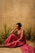 Load image into Gallery viewer, Pink hand embroidered chanderi silk suit set with organza dupatta
