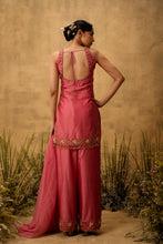 Load image into Gallery viewer, Pink hand embroidered chanderi silk suit set with organza dupatta
