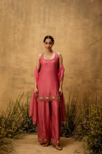 Load image into Gallery viewer, Pink hand embroidered chanderi silk suit set with organza dupatta
