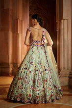 Load image into Gallery viewer, MINT GREEN TULLE LEHENGA CHOLI DUPATTA WITH A WORKED BELT
